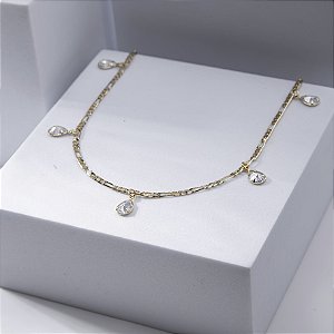 Colar Elos Penduricalhos Gotas Incolor Banho de Ouro 18k