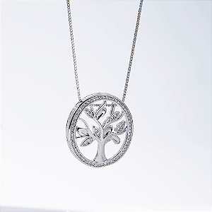 Colar Pingente Oval Arvore da Vida Detalhes Zircônias Banho de Ródio Branco