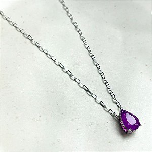 Colar Gota Roxo Fusion Banho de Ródio Branco