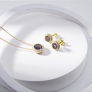 Conjunto Zircônia Roxo e Incolor Banho de Ouro 18k