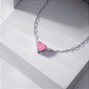 Colar Coração Rosa Fusion Banho de Ródio Branco