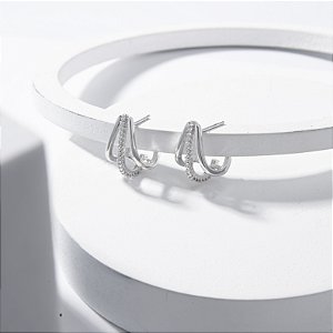 Brinco Ear Hook Linhas Zircônia Incolor Banho de Ródio Branco
