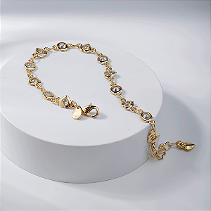 Pulseira Infantil Corações e Círculos Ponto de Luz Banho de Ouro 18k