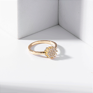 Anel Solitário Cravejado Zircônias Incolor Banho de Ouro 18k