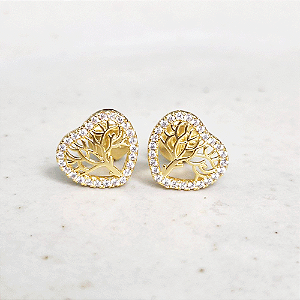 Brinco Coração Árvore da Vida Entorno Cravejado Incolor Banho de Ouro 18k