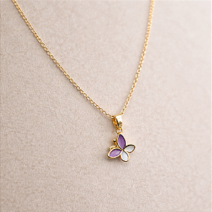 Colar Infantil VQzinha Borboleta Lilás e Branca Banho de Ouro 18k