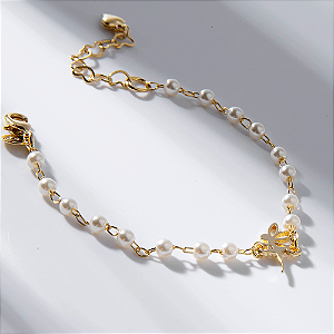 Pulseira Infantil Pérolas Fada Banho de Ouro 18k