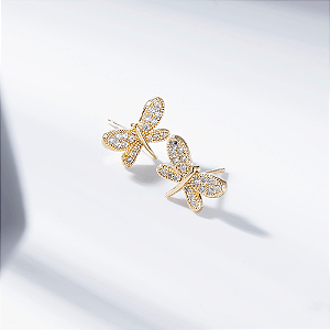 Brinco Libélula Zircônia Incolor Banho de Ouro 18K