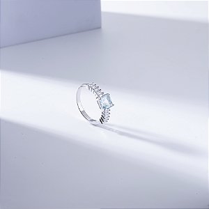 Anel Zircônia Baguetes Sky Blue Banho de Ródio Branco