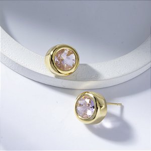 Brinco Redondo Zircônia Rosa Banho de Ouro 18k