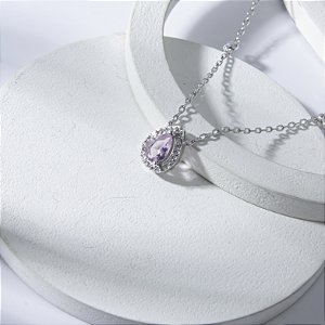 Colar Gota Rosa Detalhes Zircônias Banho de Ródio Branco
