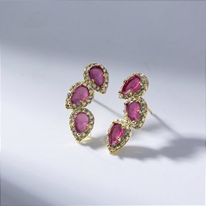 Brinco Ear Cuff Cravejado Zircônia Rubi Banho de Ouro 18k