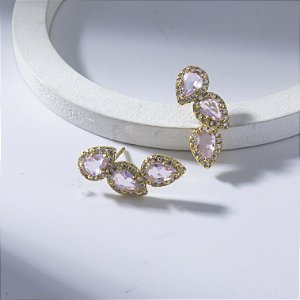 Brinco Ear Cuff Cravejado Zircônia Rosa Banho de Ouro 18k
