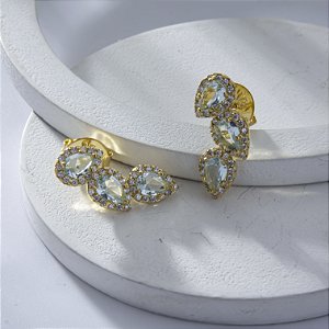 Brinco Ear Cuff Cravejado Zircônia Sky Blue Banho de Ouro 18k
