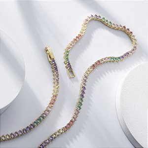 Colar Riviera Colorido Três Pontas Banho de Ouro 18k