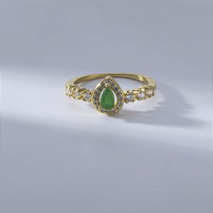 Anel Gota Zircônia Esmeralda Banho de Ouro 18k
