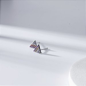 Brinco Pequeno Triângulo Zircônia Coloridas Banho de Ródio Branco