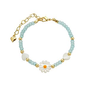 Pulseira Infantil Azul Margarida Zircônias e Madreperola Banho de Ouro 18k
