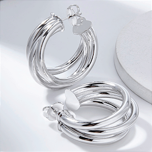 Argola Tripla Grande Banho de Ródio Branco