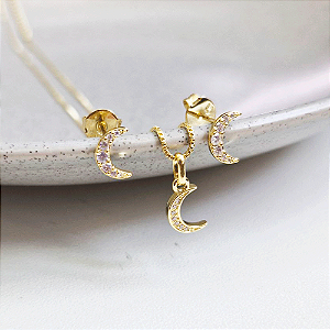 Conjunto Colar e Brinco Lua Zircônia Incolor Banho de Ouro 18k