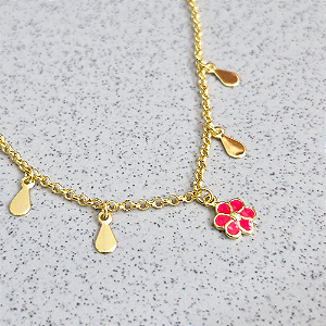 Pulseira Infantil Flor Pink Seis Pétalas Banho de Ouro 18k