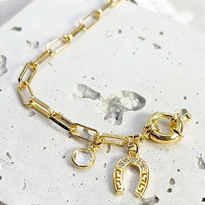 Pulseira Elos Ferradura Zircônia Banho de Ouro 18k