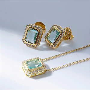 Conjunto Zircônia Sky Blue Retangular Banho de Ouro 18k
