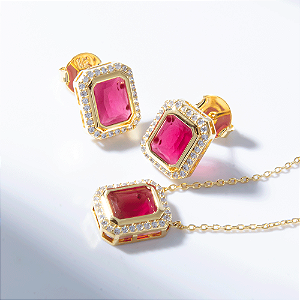 Conjunto Zircônia Rubi Retangular Banho de Ouro 18k