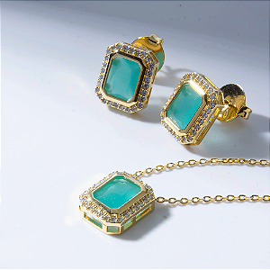 Conjunto Zircônia Verde Claro Retangular Banho de Ouro 18k