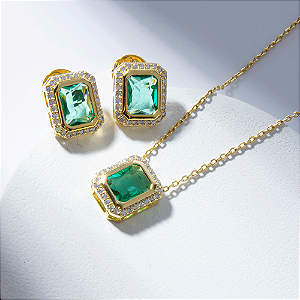Conjunto Zircônia Turmalina Retangular Banho de Ouro 18k