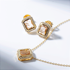 Conjunto Zircônia Morganite Retangular Banho de Ouro 18k