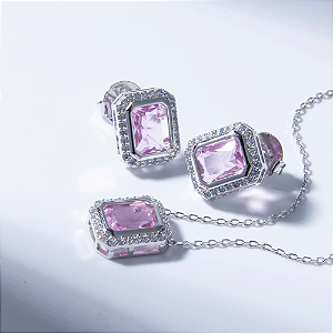 Conjunto Zircônia Rosa Retangular Banho de Ródio Branco