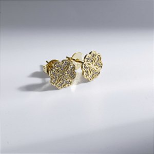 Brinco Pequeno Trevo Zircônias Banho de Ouro 18k