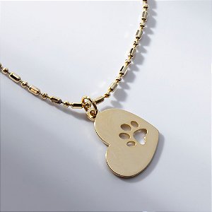 Colar Pet Coração com Patinha Banho de Ouro 18k