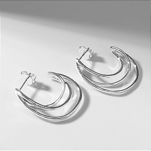 Argola Três Linhas Banho de Ródio Branco
