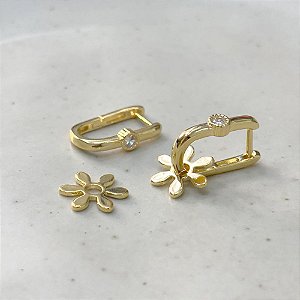 Argola Oval Ponto de Luz Pingente Flor Banho de Ouro 18k