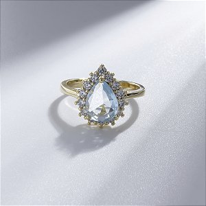 Anel Solitário Zircônias Gota Azul Banho de Ouro 18k