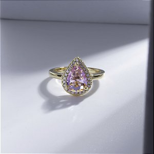 Anel Solitário Gota Rosa Banho de Ouro 18k