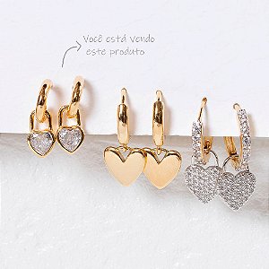 Brinco Mini Argola Coração Zircônia Incolor Banho de Ouro 18k
