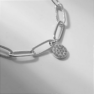 Pulseira Elos Pingente Zircônias Banho de Ródio Branco