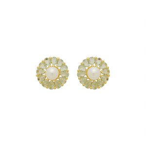 Brinco Pérola Flor Zircônias Azul Banho de Ouro 18k