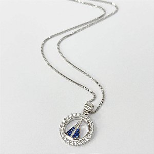Colar Nossa Senhora Aparecida Azul Moldura Banho de Ródio Branco