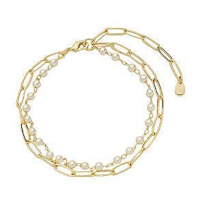 Pulseira Dupla Pérolas e Elos Banho de Ouro 18k