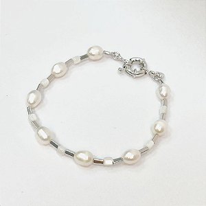 Pulseira Pérola Água Doce Madrepérola Banho de Ródio Branco