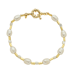 Pulseira Mira Pérolas Água Doce e Canutinhos Banho de Ouro 18k