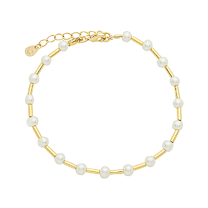 Pulseira Mira Pérolas e Canutilhos Banho de Ouro 18k