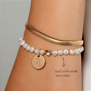 Pulseira Pérolas Menina Zircônias Coração Banho de Ouro 18k