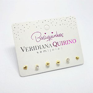 Trio de Brincos Coração, Esferas e Ponto de Luz Banho de Ouro 18k