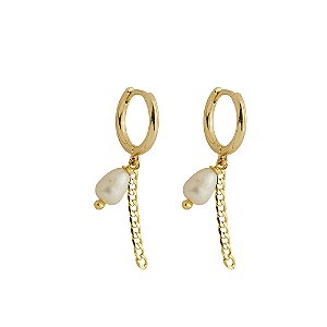 Argola Mira Pérola de Água Doce Corrente Banho de Ouro 18k