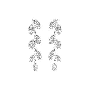 Brinco Médio Folhas Zircônias Banho de Ródio Branco